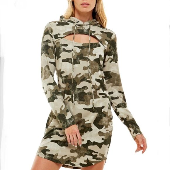 NWT Almost Famous Sz L Green Olive Camo Cutout Style Hoodie Hooded Trendy Dress - Picture 1 of 10